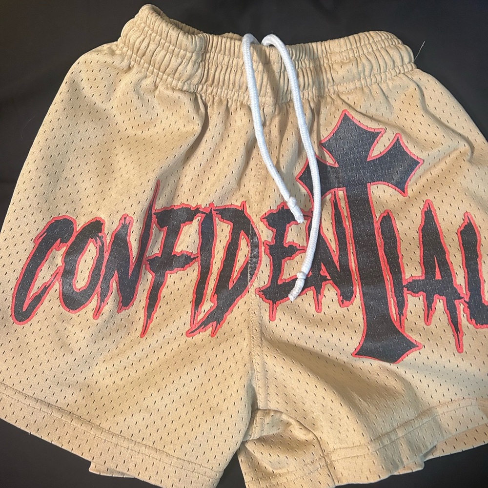 Tan Athletic Shorts with Bold Confidential Print